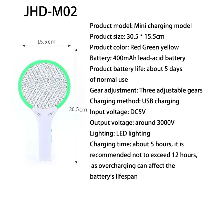JHD-M02 USB rechargeable mosquito swatter with 2 LED